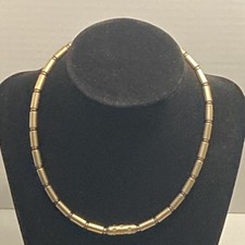 Vintage Gold Tone Pipe & Ball Beaded Clear Rhinestone Choker Necklace Mag Clasp