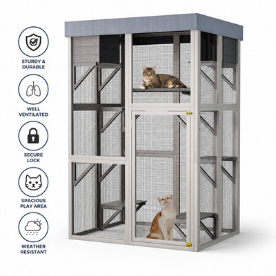 Large Outdoor Cat Cage Wooden Catio Enclosure with 6 Platforms & 2 Napping House