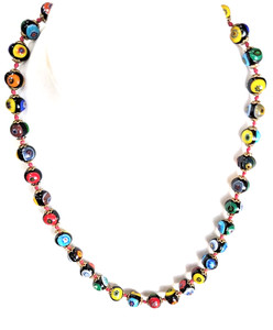 Murano Style Beaded Necklace 18".  Millefiori Glass Beads. Multicolor. Knotted.