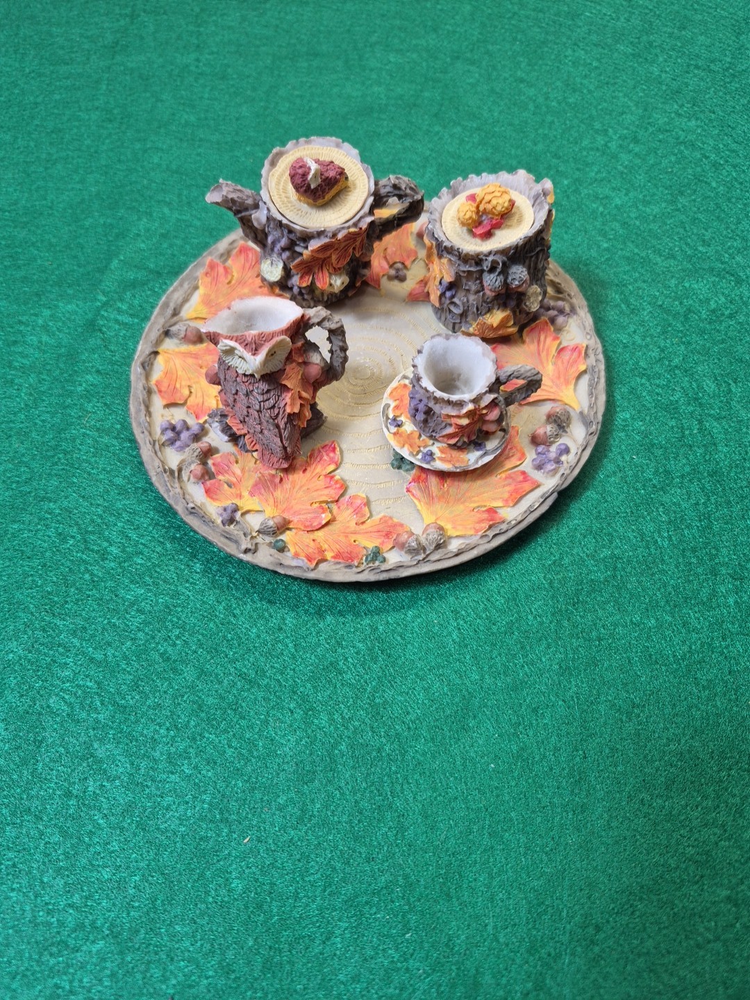 8 Vintage Polly ￼Resin Miniature Autumn Owl Mini Tea Set 1994