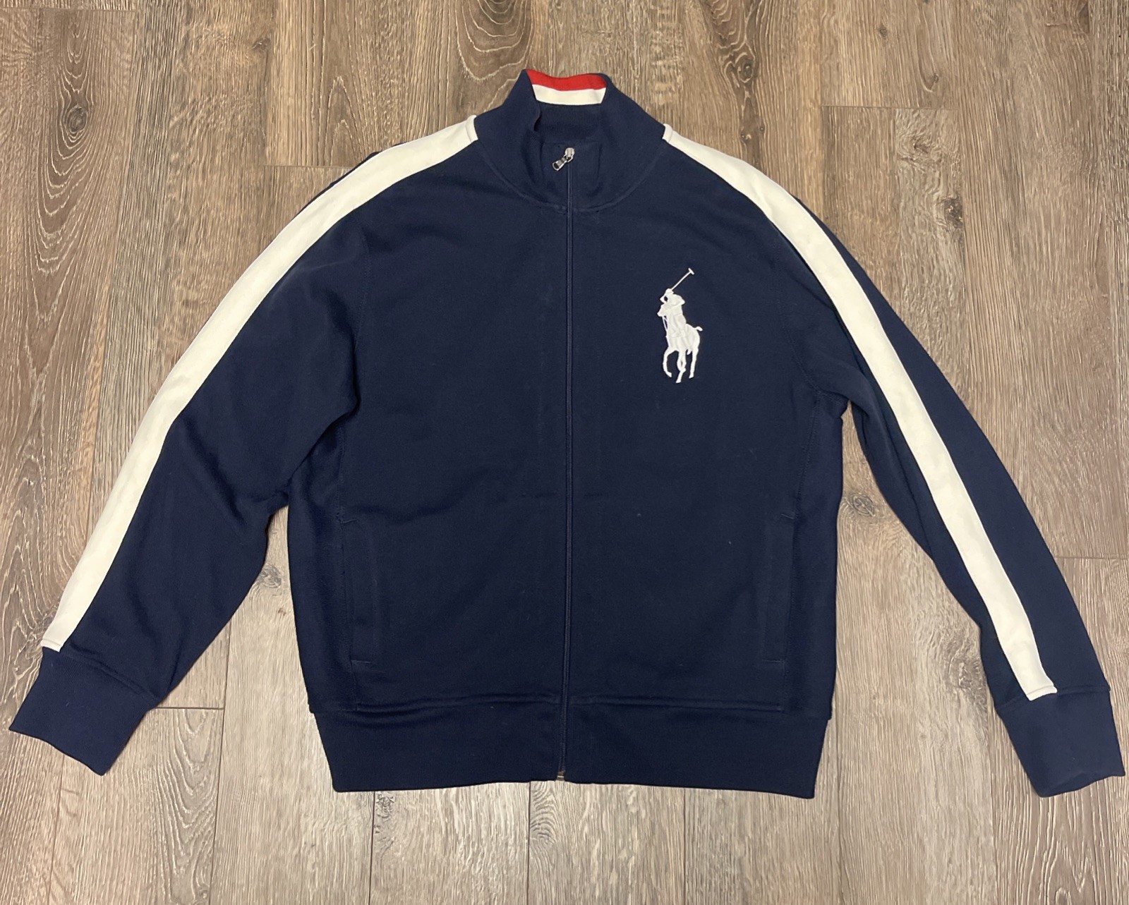 Polo Ralph Lauren felpa con cappuccio uomo taglia XL blu navy grande pony braccio righe finto collo