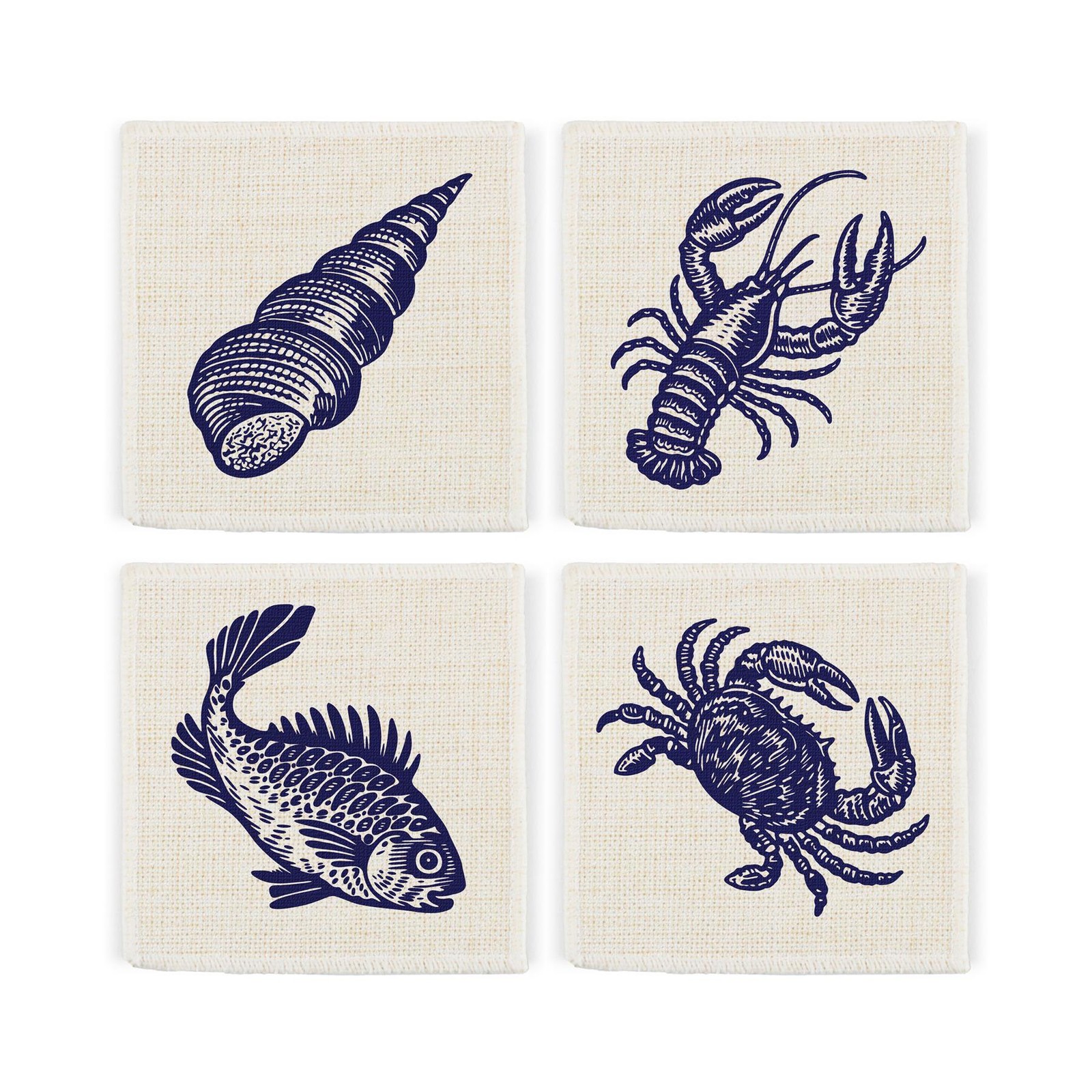 Coastal Fabric Coaster Set - Blue Seaside Beach Decor Coasters Gift - Set of 4