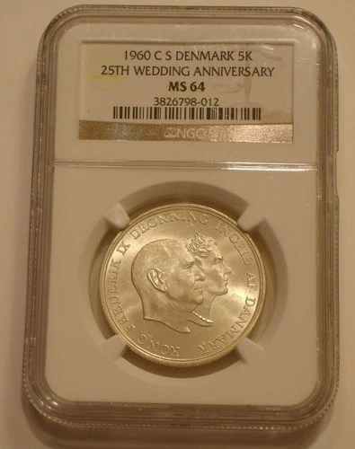 1960 Silver 5 Kroner of Denmark NGC MS 64 25th WEDDING ANNIVERSARY