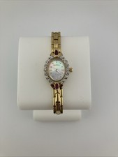 Vtg Austin Lades 17mm Watch Gold Tone Diamond & Ruby Bezel MOP Dial 5.75" - RUNS