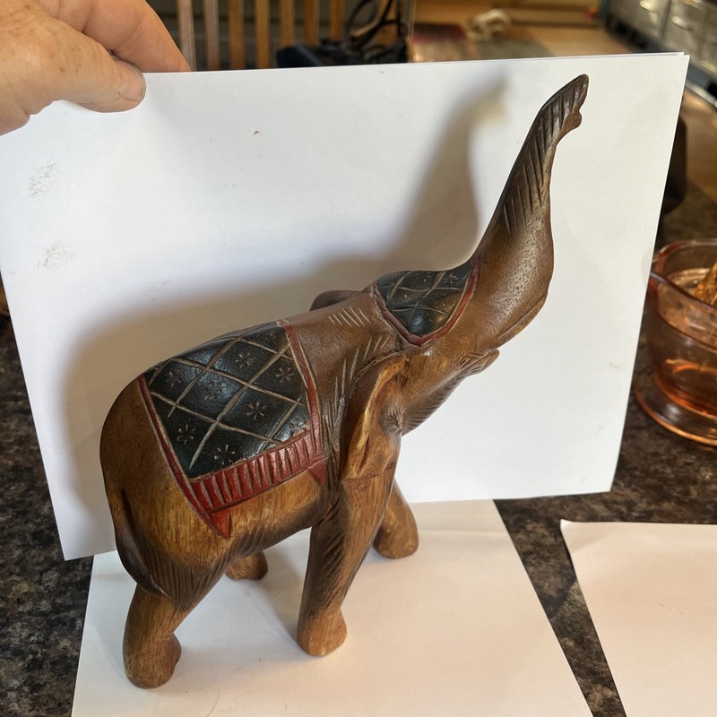 Vintage Hand Carved Wooden 10" Elephant Dk. Green & Red Blanket- UNMARKED