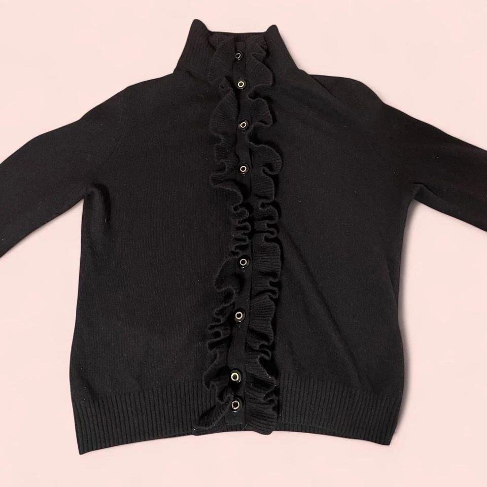 Cárdigan Suéter Tory Burch Lana Cachemira Negro Volantes Ligero Botón XS Foto 2 de 4