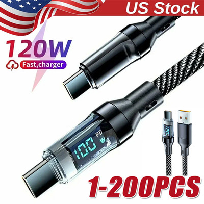 120w Fast USB Type-C Charging Braid Phone 17 16 15 Charger Lead with Display LOT