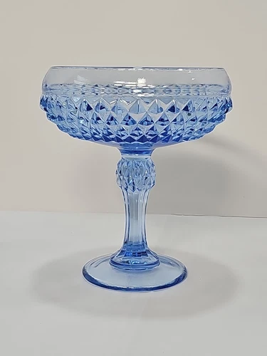 Vintage Blue Diamond Cut Indiana Glass   7 3/8" Tall Footed Candy Bowl Free Ship
