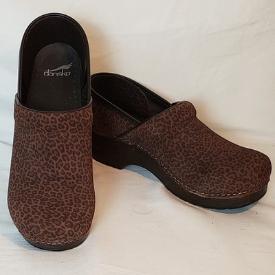 Dansko Pro Mini Leopard Brown Suede Stapled Leather Clog 41 EU/US Size 10.5 - 11