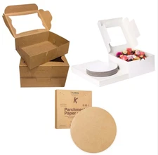 55+ Cake & Cookie Bakery Boxes - 10x5" & 6x8x2.5" + Parchment/Paper Rounds