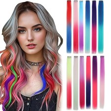 10 Pcs Colored Ombre Straight Clip in Synthetic Hair Extensions for Girls Party