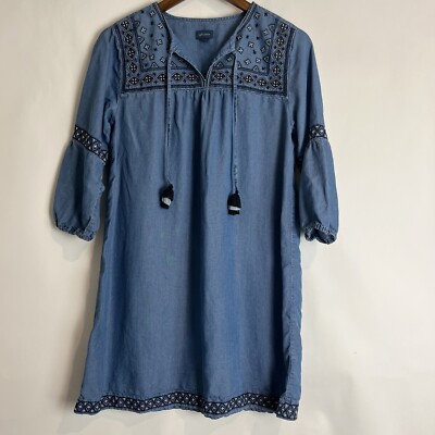 J Jill Denim Blue Embroidered Dress Size S/P 3/4 Sleeve | eBay