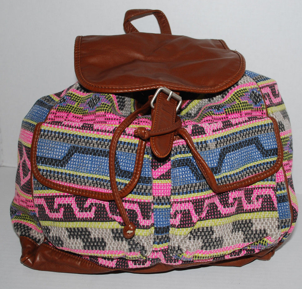 Boho Backpack School Bag Purse Vegan Brown Leather Aztec Print