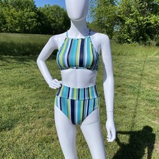 Unbranded Swimwear Misses Size Small Hi Cut Bikini Blue  Green Stripes Swimsuit