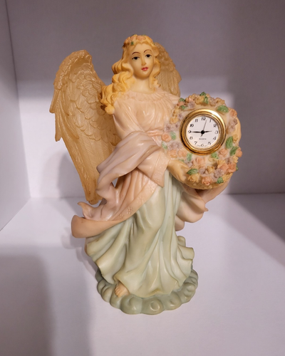 Blond Angel Clock Vintage Pastel Figurine Holding Flowers Medium Desk Clock - Picture 2 of 22