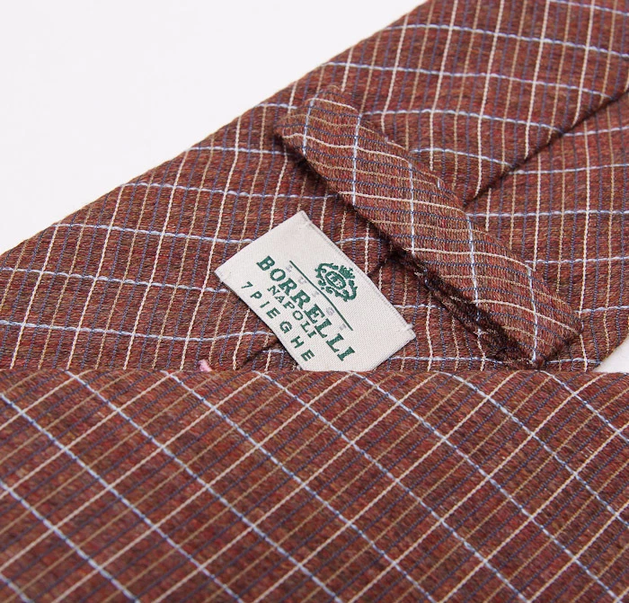 New $225 BORRELLI NAPOLI 7-Fold Silk Tie Rust Brown-Sky Blue Woven Check - Image 3 of 4