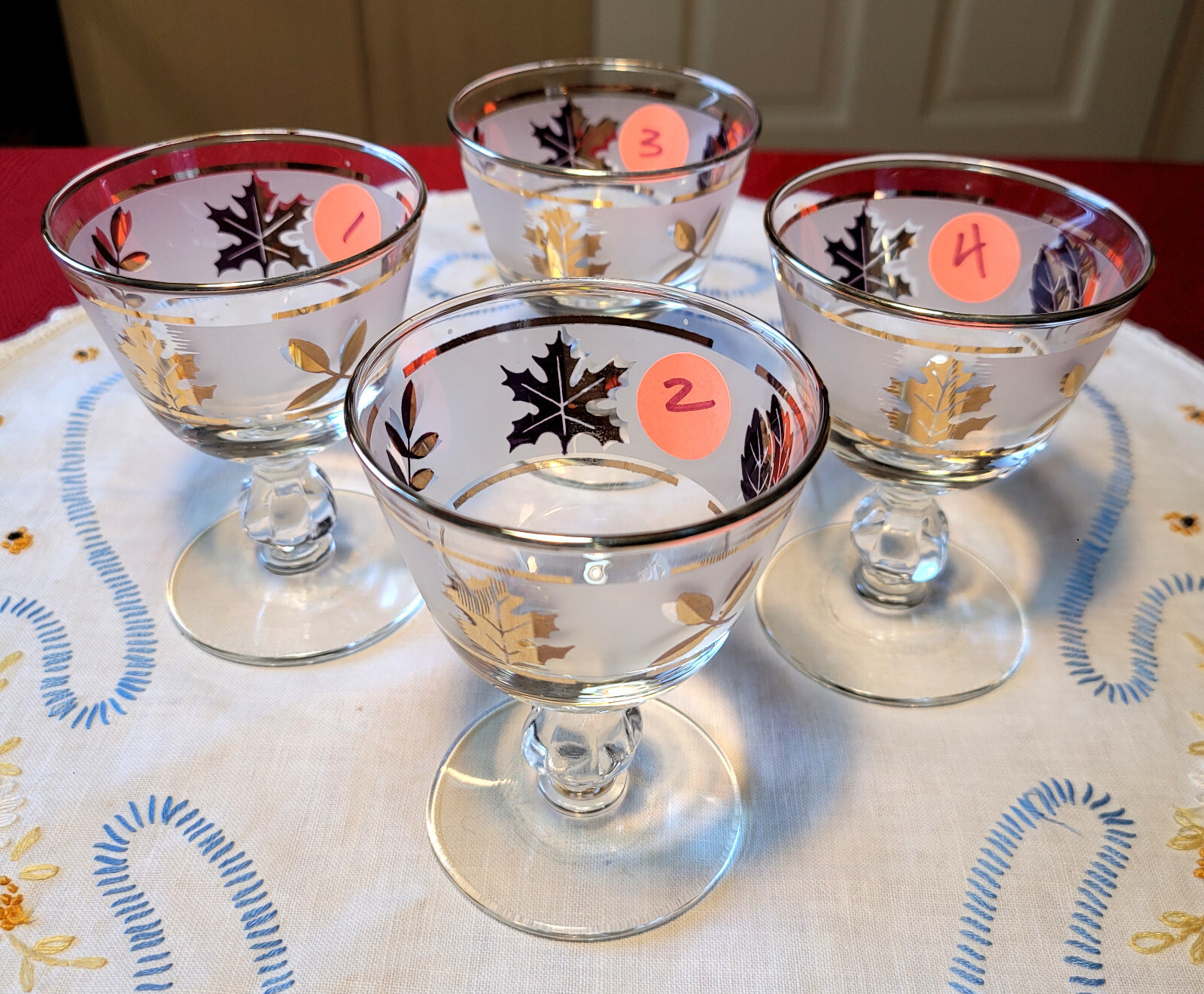 4 VTG Libbey *GOLDEN FOLIAGE* 3 7/8" Frosted LIQUOR / COCKTAIL Glasses 1953-1978
