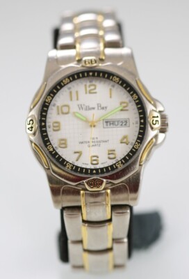 Willow Bay Herren Armbanduhr Edelstahl Silber Gold 30.5m Tag Datum Weiß Quarz