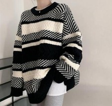 Womens Fashion Winter Crew Neck Long Sleeve Loose Warm Kniting Stripe Sweaters