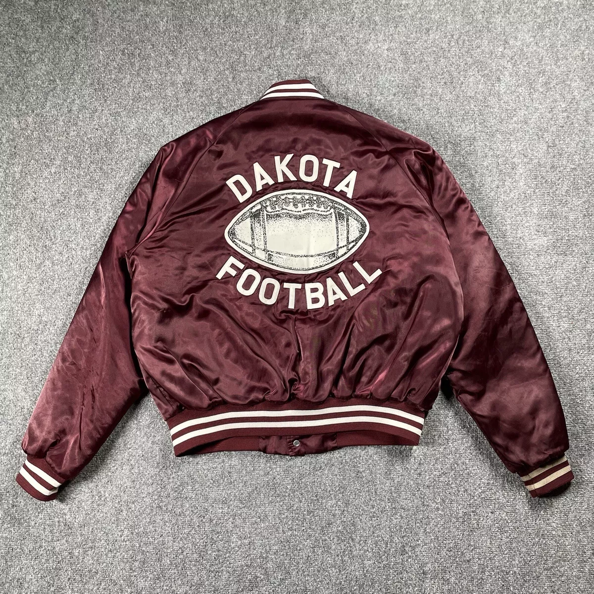 VINTAGE 70s 80s Football Varsity Jacket Size XL Dakota Illinois USA Satin  Maroon