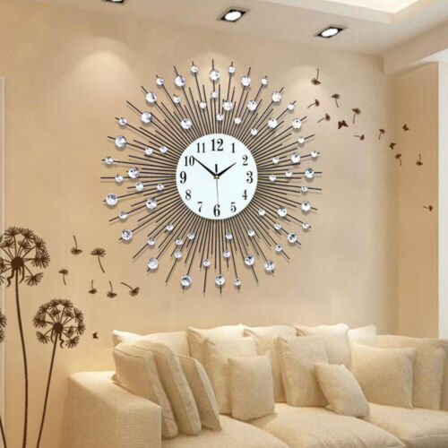 60cm Modern Luxury Art Round Diamond Wall Clock Glass Mirror Living Room Decor - Afbeelding 1 van 6