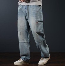 Men's Retro Blue Pockets Worker Denim Jeans Straight Wide Leg Pants Trousers New