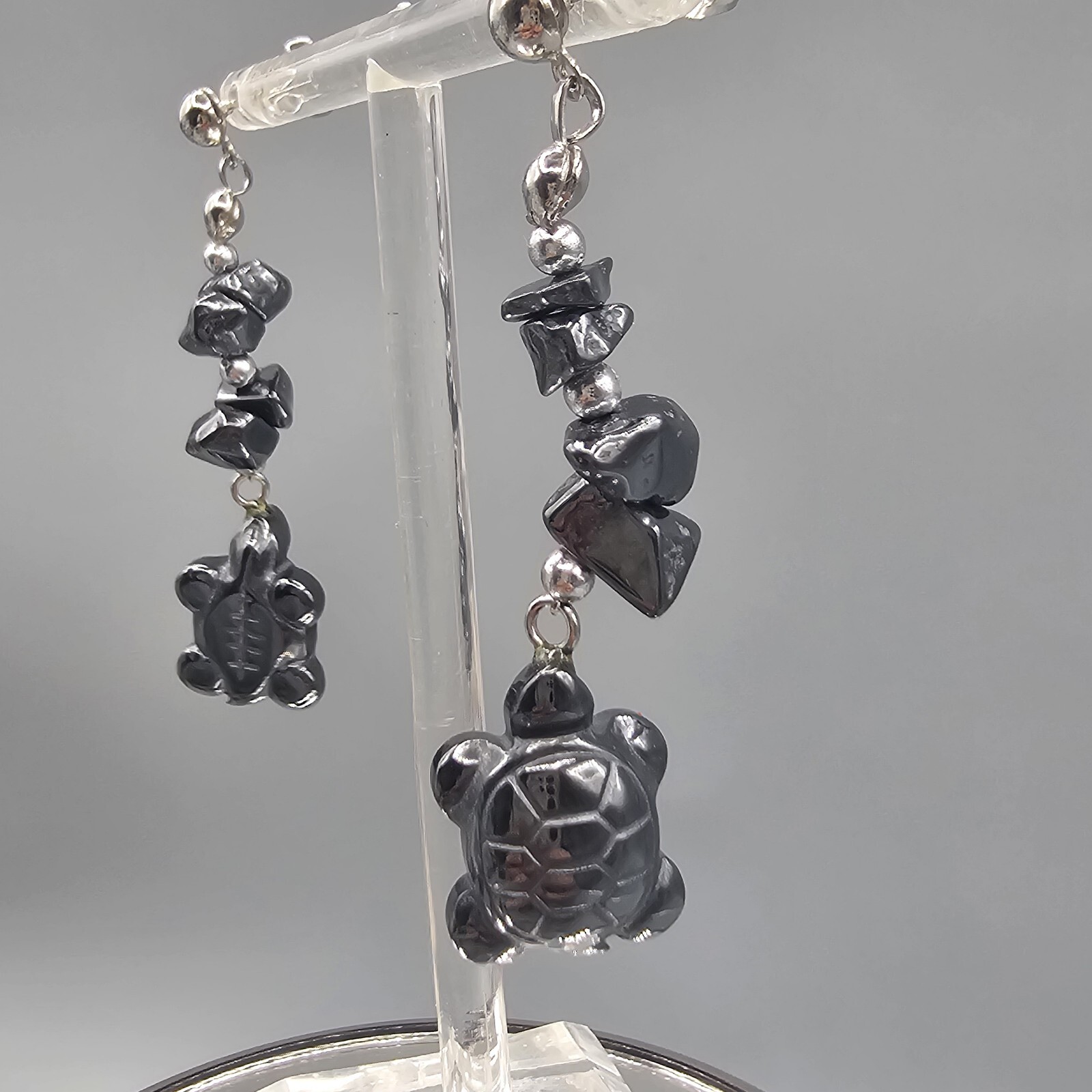 Hematite Turtle Earrings Beaded Dangle Pierced Ea… - image 6