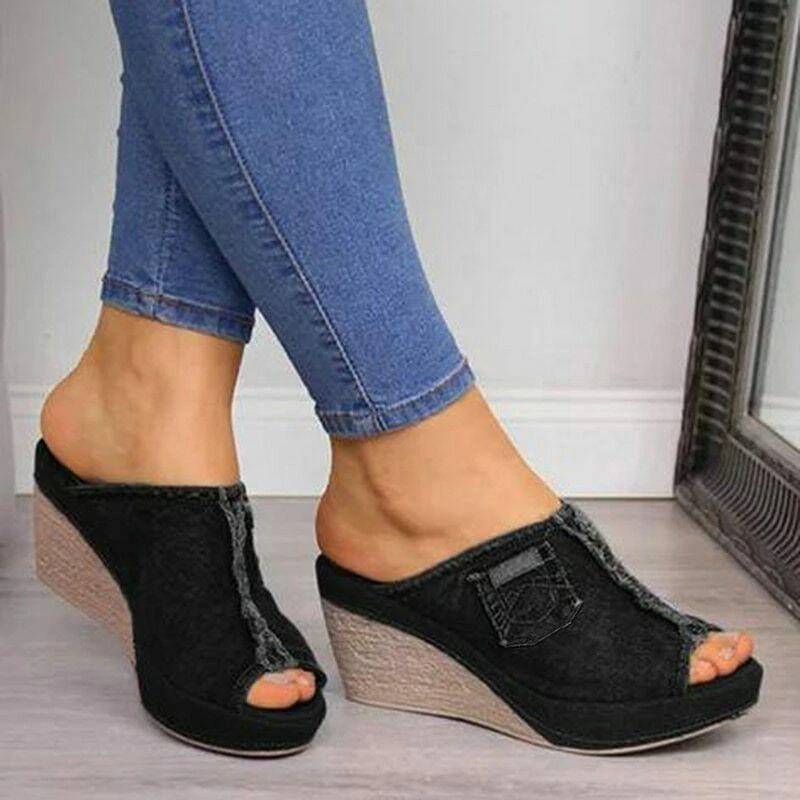 Women s Denim Platform Sandals Wedge Heels Shoes Jean Slipper Occident Fashion