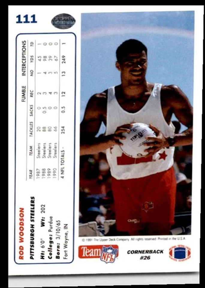 1991 Upper Deck Rod Woodson Pittsburgh Steelers #111 - Image 2 of 2