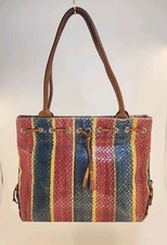 Vintage DOONEY & BOURKE MULTI COLOR TASSEL HANDBAG Striped Textured Leather