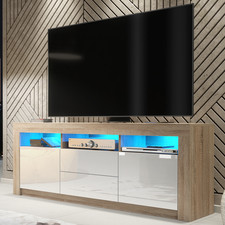 160cm Oak TV Unit Cabinet | Sideboard Cupboard | White High Gloss Doors + LED
