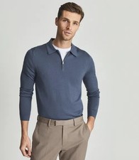Reiss Robertson Steel Blue Merino Wool Zip Neck Polo Shirt XL NWT