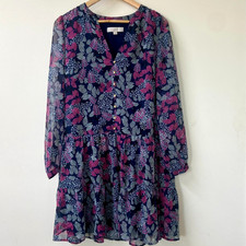 LOFT Women's Navy and Multicolor leaf print Long Sleeve Knee Length Dress Size L