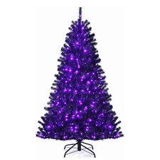 Black Pre-lit Christmas Tree, 6FT Artificial Xmas Tree w 250 Purple LED Lights