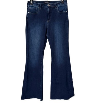 Risen Jeans Womens 30/11 Flare Blue Jeans Dark Wash High Rise Raw Hem Y2K Boho
