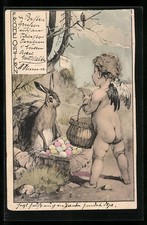 Ansichtskarte Osterengel und Osterhase mit Ko...