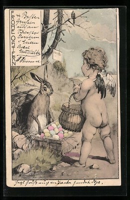 Ansichtskarte Osterengel und Osterhase mit Korb voll bemalter Eier 1905 