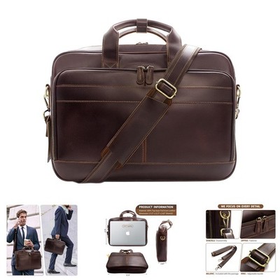 Full Grain Leather Briefcase 15.6'' Laptop Business Messenger Bag Brown Men Style