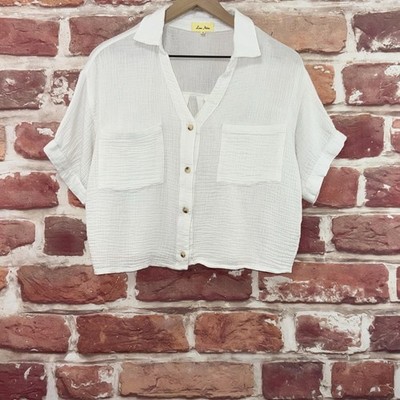 Love Notes Crop Top Womens M Plain White Gauzy Casual Beachy Pocketed Shirt