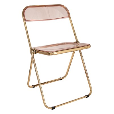 Modern Transparent Acrylic Folding Chair with Gold Metal Frame, Rose Pink