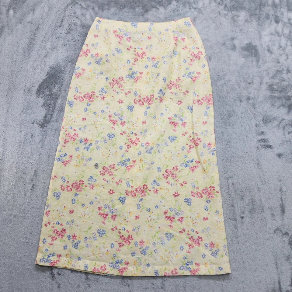 Falda deportiva vintage Liz Claiborne para mujer 8P amarilla floral lino abotonada midi Foto 2 de 4