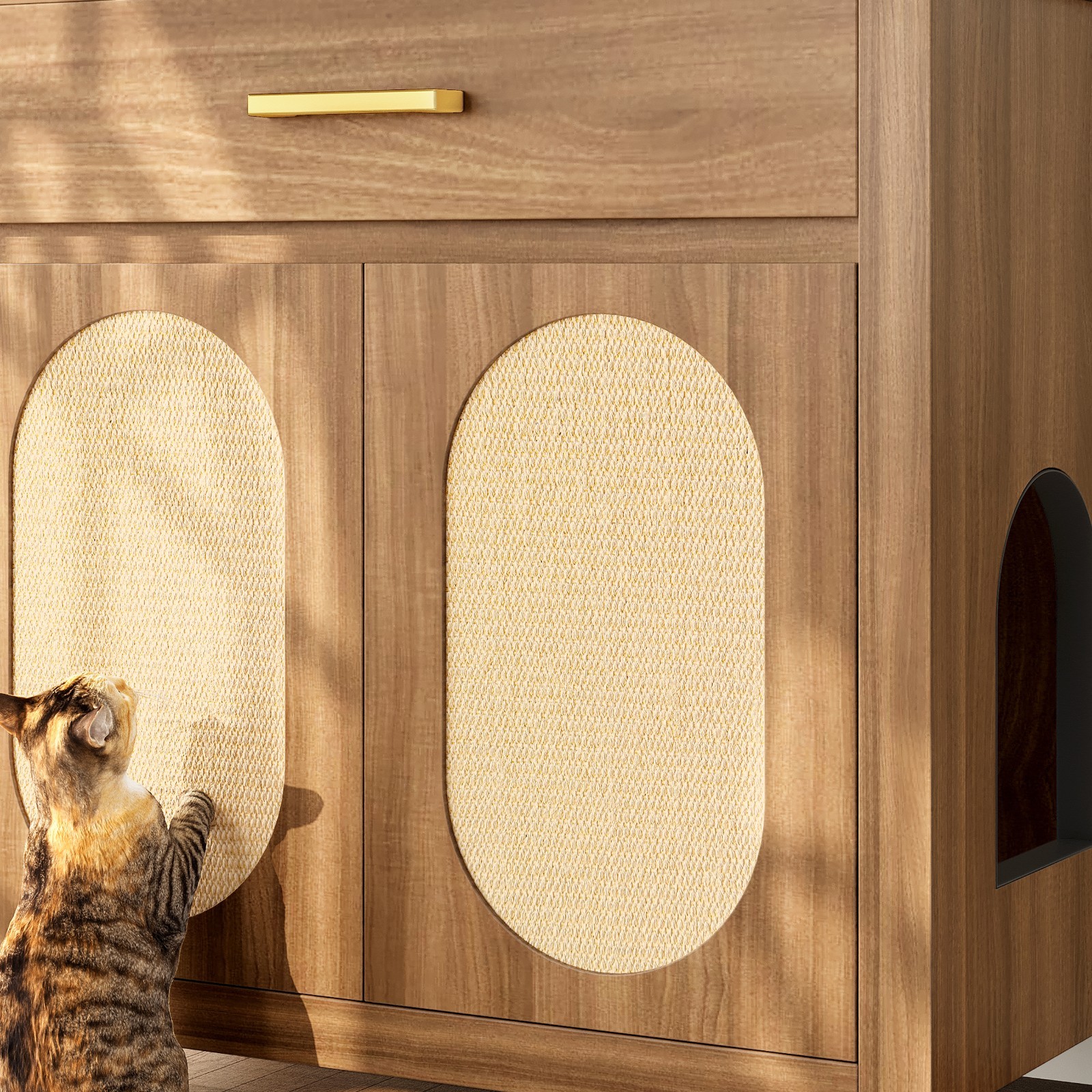 Wooden Cat Litter Box Enclosure Hidden Cat Furniture w/Scratching Board Storage