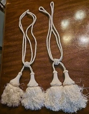 Vintage Ivory Satin Cord DoubleTassels wCurtain Drapery Tie Back Cord Rope-24” L