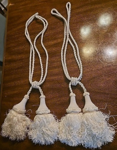 Vintage Ivory Satin Cord DoubleTassels wCurtain Drapery Tie Back Cord Rope-24β L