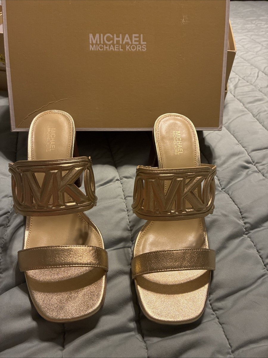 Michael Kors Alma Mid Block Heel Slide Sandal Metallic Leather pale Gold Sz 