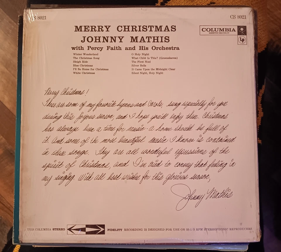 Johnny Mathis Merry Christmas Vinyl LP 1959 CS8021 1st Press Columbia Hi-Fi WOW! - Image 2 of 4