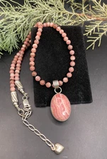 Artisan finely crafted, sterling rhodochrosite beaded pendant, 20" necklace 35g