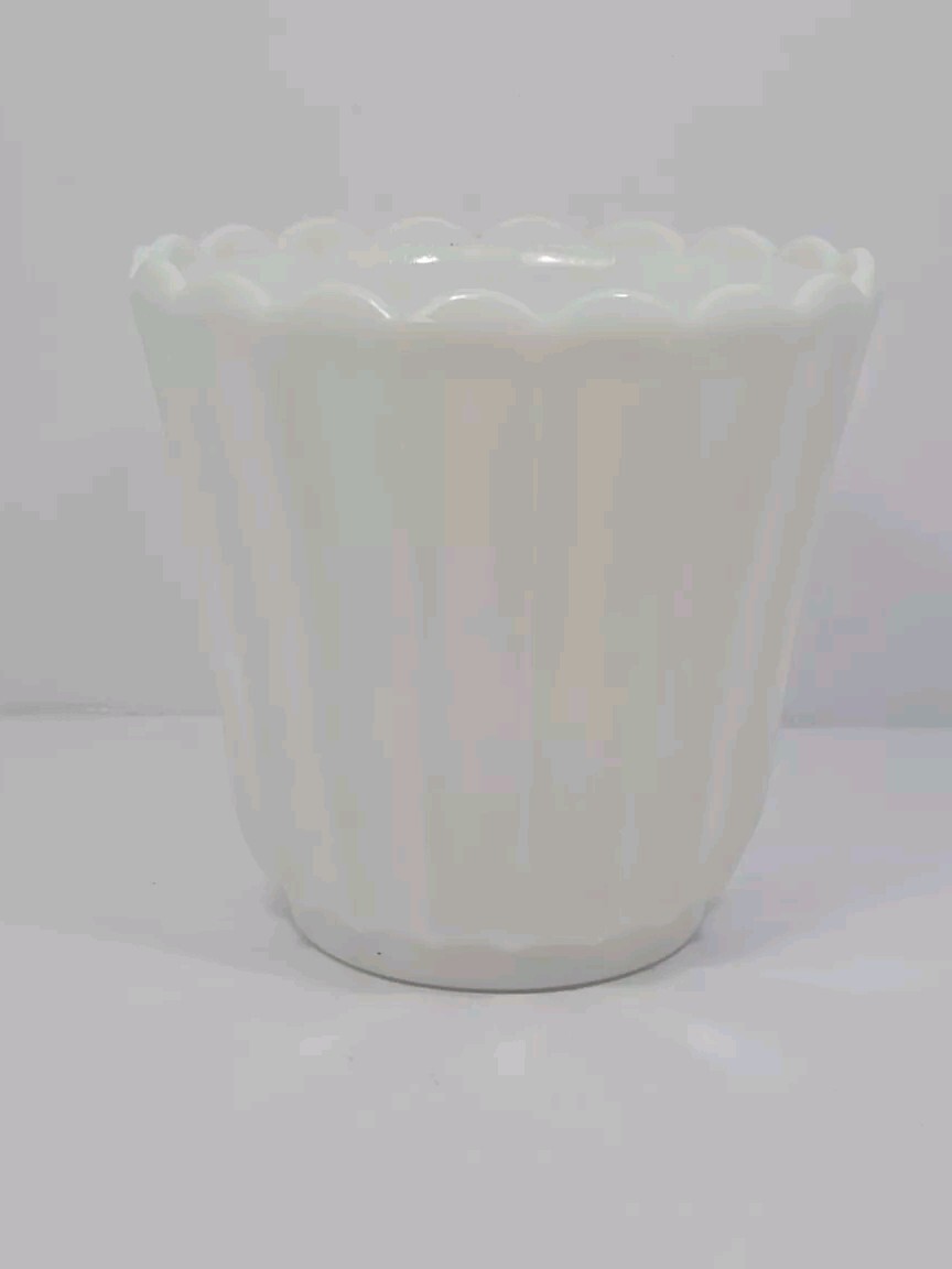 Vintage Mid-Century Milk Glass Flower Pot or Vase with Scalloped Rim 5 Inches