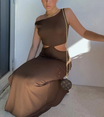 knee length dresses for ladies Chestnut Drop Waist Maxi Dress Brown