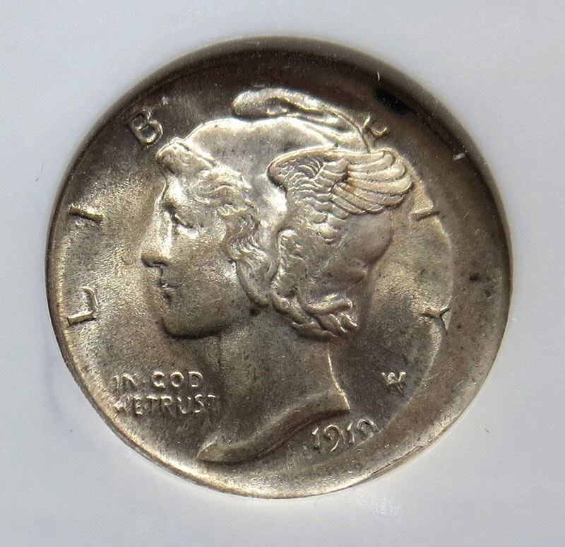 1919 MERCURY SILVER DIME ERROR BROADSTRUCK COIN NGC MINT STATE 63 FULL BANDS - Image 2 of 3